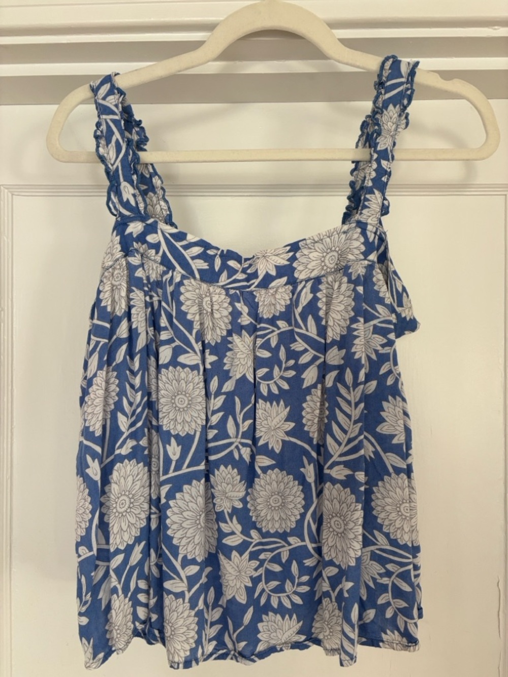 Elan Blue Floral Smocked-Strap Tank Top, Medium